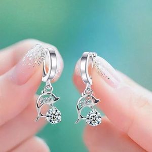 New Sterling Silver 925 Dolphin Crystal Hoop Earrings set